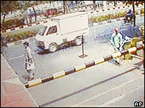 Photo released by Indonesian police from a security camera believed to be the suicide bombers truck shortly before it exploded